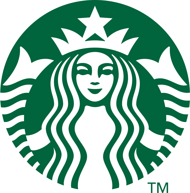 Starbucks Siren logo. A green circular logo with a crowned mermaid with long flowing hair and a double tail. The mermaid is set against a white background, encircled by a black ring bearing the word Starbucks.